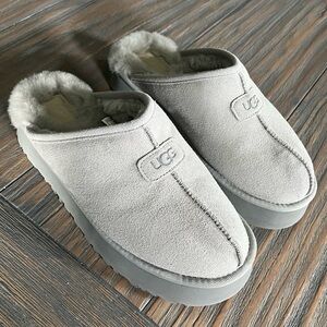 UGG Light Gray Suede Fur-Lined Mules - Size 9